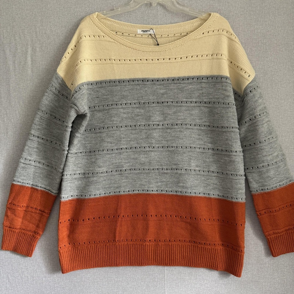 Zeagoo Sweater Womens Large Pullover Knit Striped Acrylic‎ Rust Cream Gray